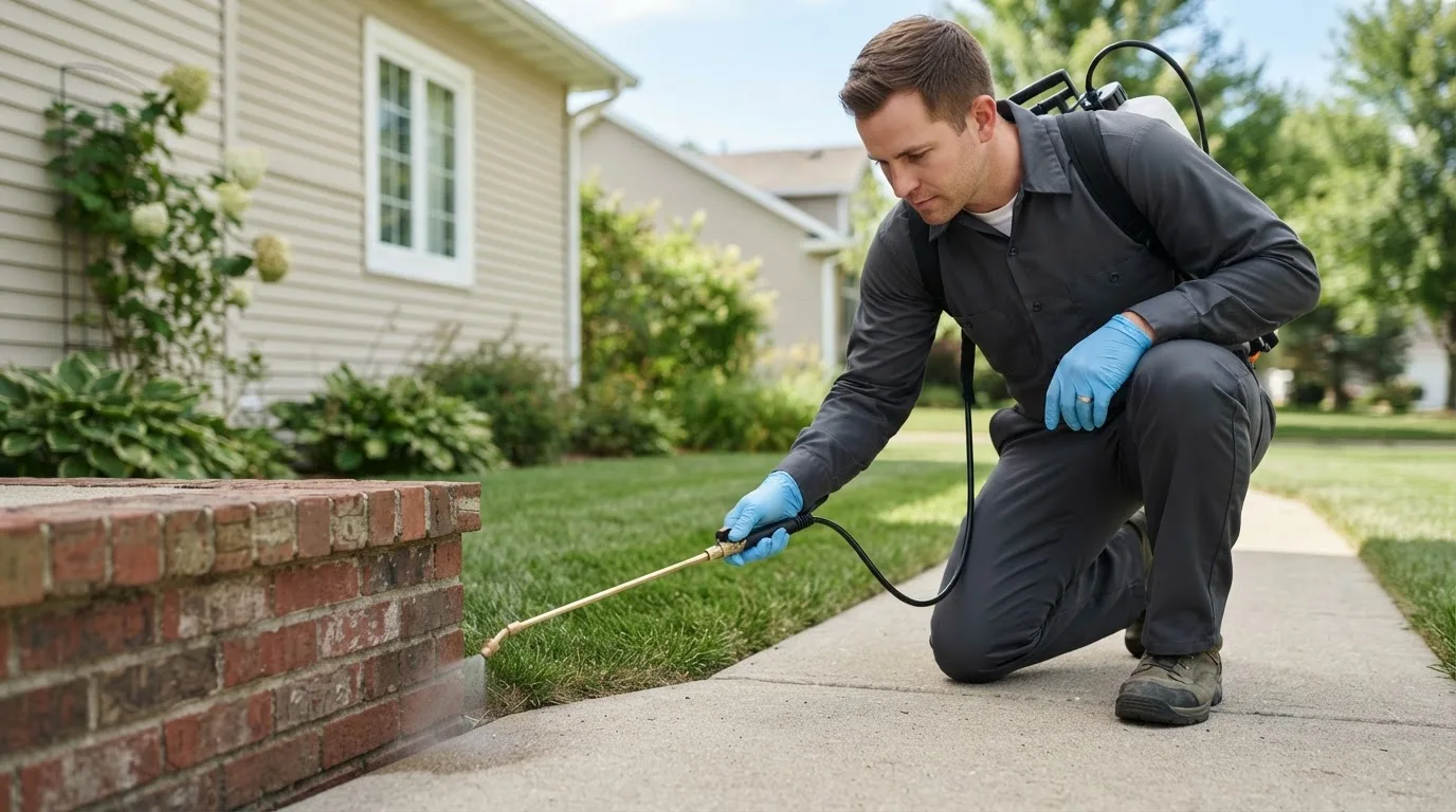 Pest control technician treating a home near Warren, ME